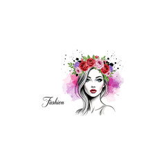 Elegant Woman with Floral Crown Watercolor Splash Art.