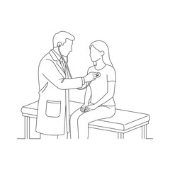 Doctor using stethoscope to examine female patient on checkup table, line art illustration