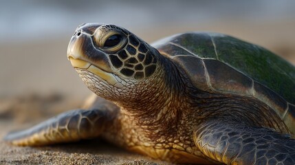 Close up portrait of a serene sea turtle resting on a sandy beach with soft natural light illuminating its intricate shell and skin