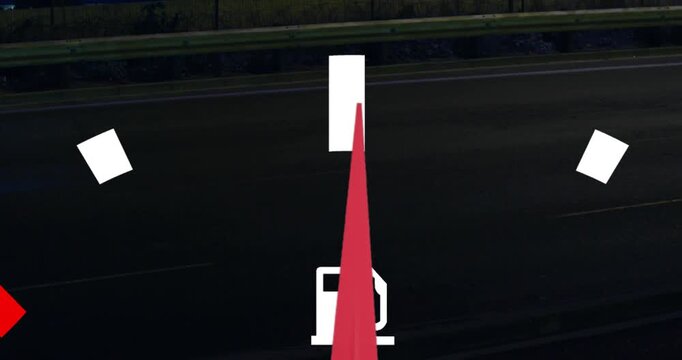 Animated fuel gauge overlay showing needle sweeping left during night traffic causing empty warning