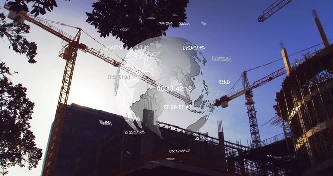 3D hologram globe appearing, orbiting time tags while crane hoist swinging showing site progress
