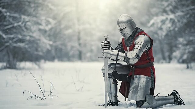 Knight's solemn prayer in snowy winter forest, kneeling with sword, historical reenactment in