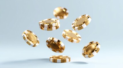 Gold casino chips are seen floating in mid-air against a transparent background, showcasing sharp reflections and studio lighting