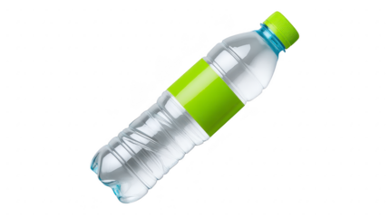 Clear plastic water bottle with green cap and blank green label, isolated on transparency background, perfect for hydration, fitness, or advertising concepts
