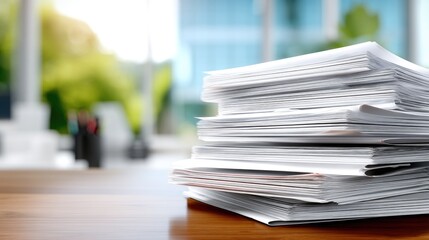 Piles of paperwork on a desk in a bright office setting during the day reveal the busy nature of work life and the importance of organization