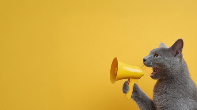 Grey cat standing with yellow megaphone in paw, appearing to shout or make an announcement. Cat with speaker loud. Fun creative concept for attention-grabbing advertising, playful promotional design