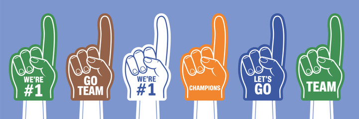 Colorful Foam Finger Outline Illustration Showing Number One Gloves With Raised Hands And Cheering Crowd Elements In Clean Line Art Style For Sports Supporter Graphics And Fan Sign Design
