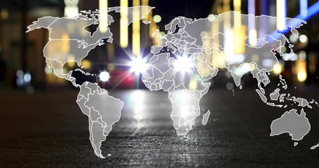 Approaching headlights initiating expanding world map overlay, map shifting, showing global outline - Powered by Adobe