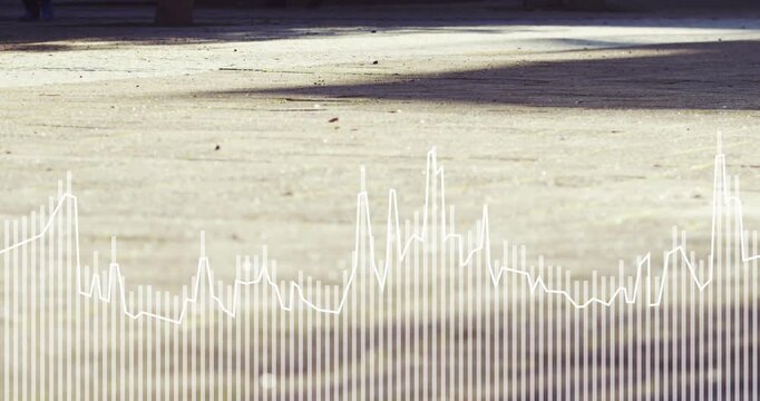 Pigeon pecking starting, walker with red bag after shopping crossing plaza, waveform pulsing