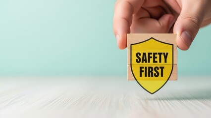 Prioritizing safety first concept shown on wooden blocks with shield graphic