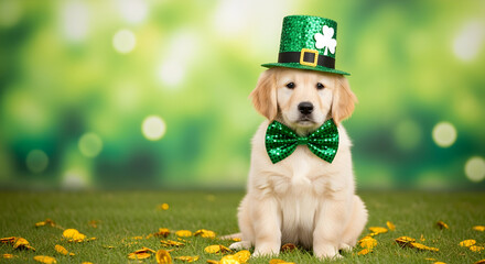 Golden Retriever Puppy Celebrating St Patricks Day A charming image of a cute golden retriever pup wearing a festive green hat and bow tie Irish holiday theme joy fun pet