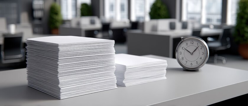 Stacks of paper on a modern office desk with a clock showing the time in a bright, organized workspace