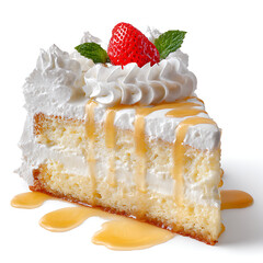 A slice of tres leches cake soaked in milk and topped with whipped cream, isolated on white background.