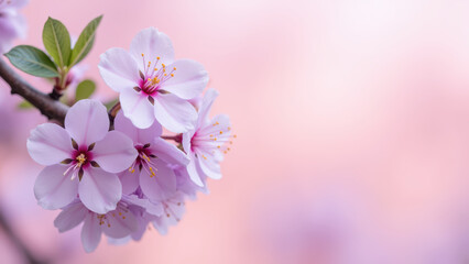 Obraz premium Delicate cherry blossoms bloom gracefully against soft pink background, evoking sense of tranquility and beauty