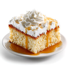 A slice of tres leches cake soaked in milk and topped with whipped cream, isolated on white background.
