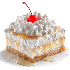 A slice of tres leches cake soaked in milk and topped with whipped cream, isolated on white background.