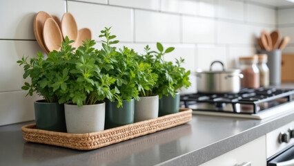 Fresh herbs pots kitchen countertop, showcasing cozy and inviting atmosphere. arrangement includes various green plants, enhancing kitchen