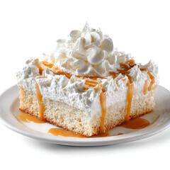 A slice of tres leches cake soaked in milk and topped with whipped cream, isolated on white background.