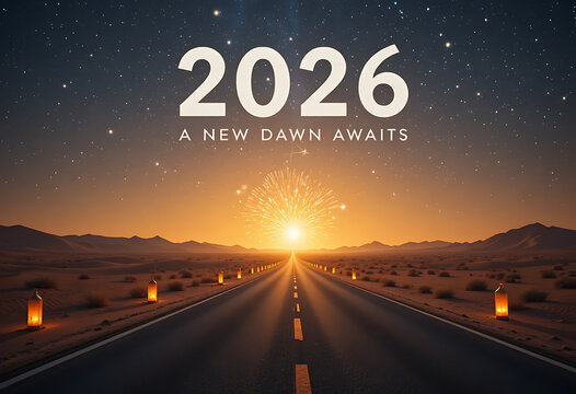 A desert road leads toward the rising sun and a bright new 2026 under a starlit, hopeful sky.