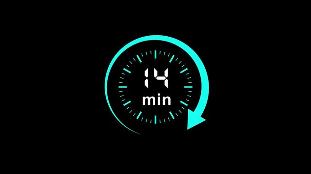 Video timer icon animated with 14 min. Stopwatch icon in flat style. 14 minute timer symbol, isolated on transparent background with alpha channel.