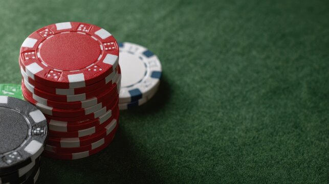 On a green felt table, multicolored poker chips are stacked elegantly, showcasing a realistic casino texture under soft studio lighting, inviting players to join in the game