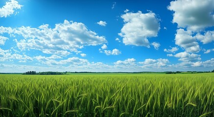 Lush Green Wheat Field Under a Bright Blue Sky With Fluffy Clouds in the Countryside