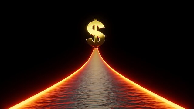 Golden dollar sign ascending on a fiery path towards success