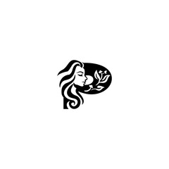 An elegant woman head letter logo featuring flowing hair and leaf elements shaped into an alphabet form, blending beauty and nature in a clean, modern style for branding.