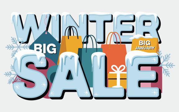 Winter Sale Big January Icicles and Shopping Bags Vector Illustration