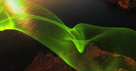 Sun reflection rising, green ribbon mesh sweeping, tightening, looping and revealing coastal cliffs - Powered by Adobe