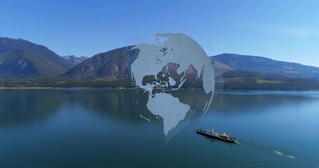 Globe appearing over lake, rotating as barge moving left leaving wake, representing global trade - Powered by Adobe