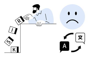 Risk management concept. Risk blocks falling as a business person reacts. Risk solutions involve addressing uncertainty and global communication issues. For corporate, finance, global aid, crisis