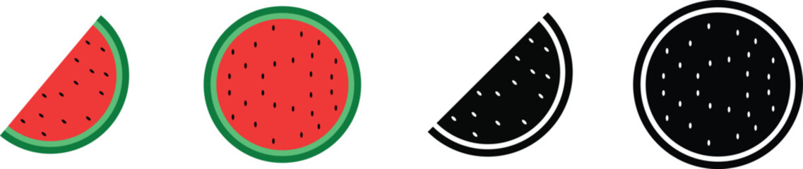 Watermelon icon set. cross section with seeds. Sweet dessert and refreshment signs.  Fresh and juicy watermelons. summer fruit symbol
