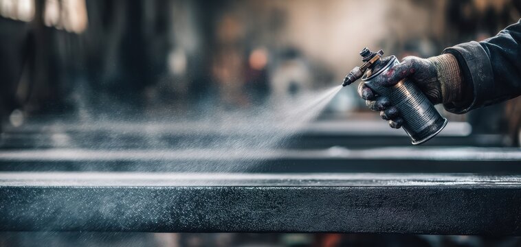 The spray can painting metal beams in a gritty industrial workshop environment