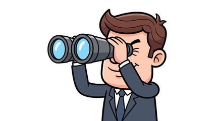 Cartoon businessman using binoculars, illustrating foresight and strategic vision concept