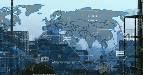 On load translucent map overlay fading in, borders building, icons pulsing to show live data - Powered by Adobe