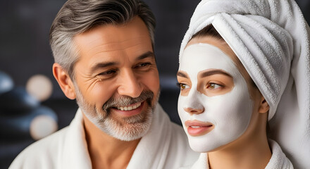 Relaxation Moment with Spa Facial Treatment Serene Couple Enjoys Intimate Skincare Routine Man and Woman Bonding with Beauty Mask at Home Tranquil Pampering Ritual