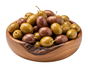 Delicious green and brown olives wooden bowl food home top view