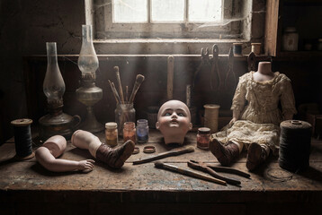 A creepy dollmaker's workshop with broken vintage doll parts on a dusty table. An old lamp illuminates a dark, unsettling, and atmospheric scene.