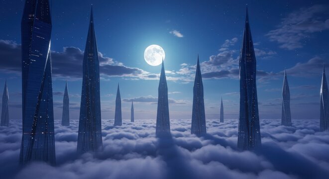 Futuristic towering structures pierce through a thick blanket of night clouds illuminated by a full moon - Powered by Adobe