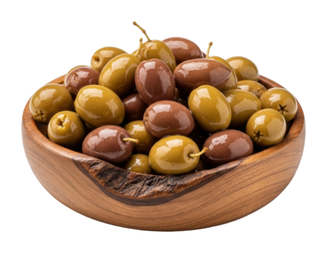 Delicious green and brown olives wooden bowl food home top view
