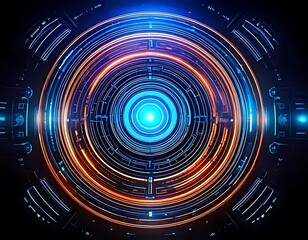 Circular glowing design with blue core, orange accents, dark background, intricate lines