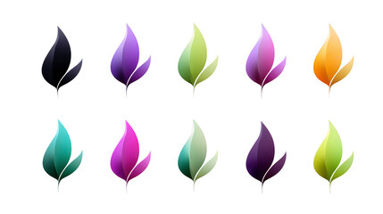 Colorful gradient leaf icons set, featuring modern abstract design with smooth transitions, isolated on transparent background, suitable for eco, nature, wellness, or digital branding concepts