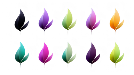 Colorful gradient leaf icons set, featuring modern abstract design with smooth transitions, isolated on transparent background, suitable for eco, nature, wellness, or digital branding concepts