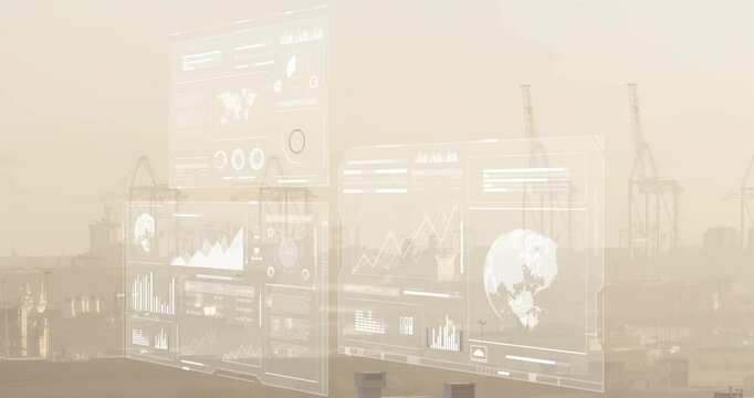 On data update dashboard emerging over port, panels pulsing, charts updating to track cargo - Powered by Adobe