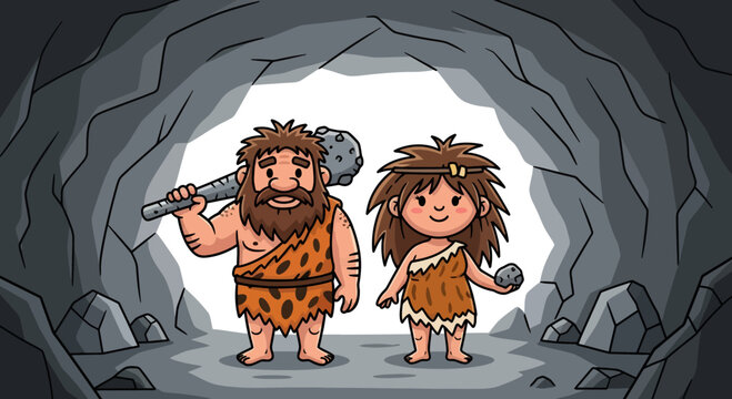 Cartoon stone age family in cave illustration with primitive tools and animal skin clothing
