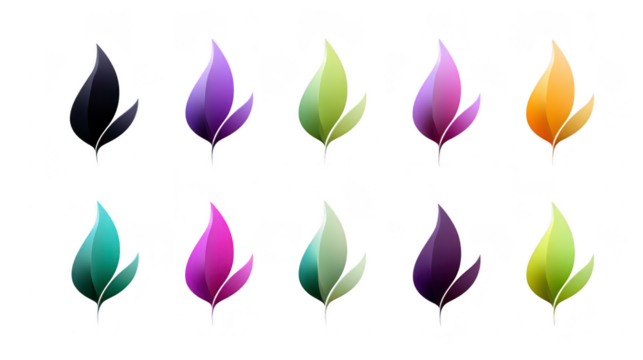 Colorful gradient leaf icons set, featuring modern abstract design with smooth transitions, isolated on transparent background, suitable for eco, nature, wellness, or digital branding concepts