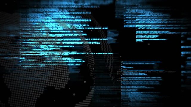 Faint cyan lines forming sides, central code blocks sliding, pulsing, revealing dot globe for data