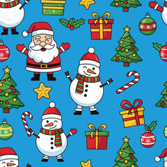 Festive Christmas cartoon pattern featuring Santa Claus, cheerful snowmen, decorated Christmas trees, gifts, stars, candy canes and ornaments for holiday cheer