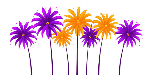 Purple and yellow tropical palm trees with long trunks and vibrant leaves, isolated on transparent background, evoke festive and cheerful atmosphere, perfect for summer or party themes